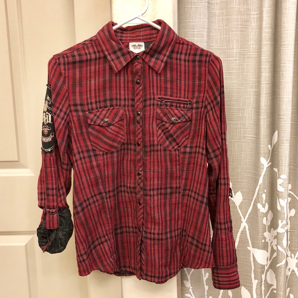 Harley Davidson Flannel Patch Tab Sleeve Top